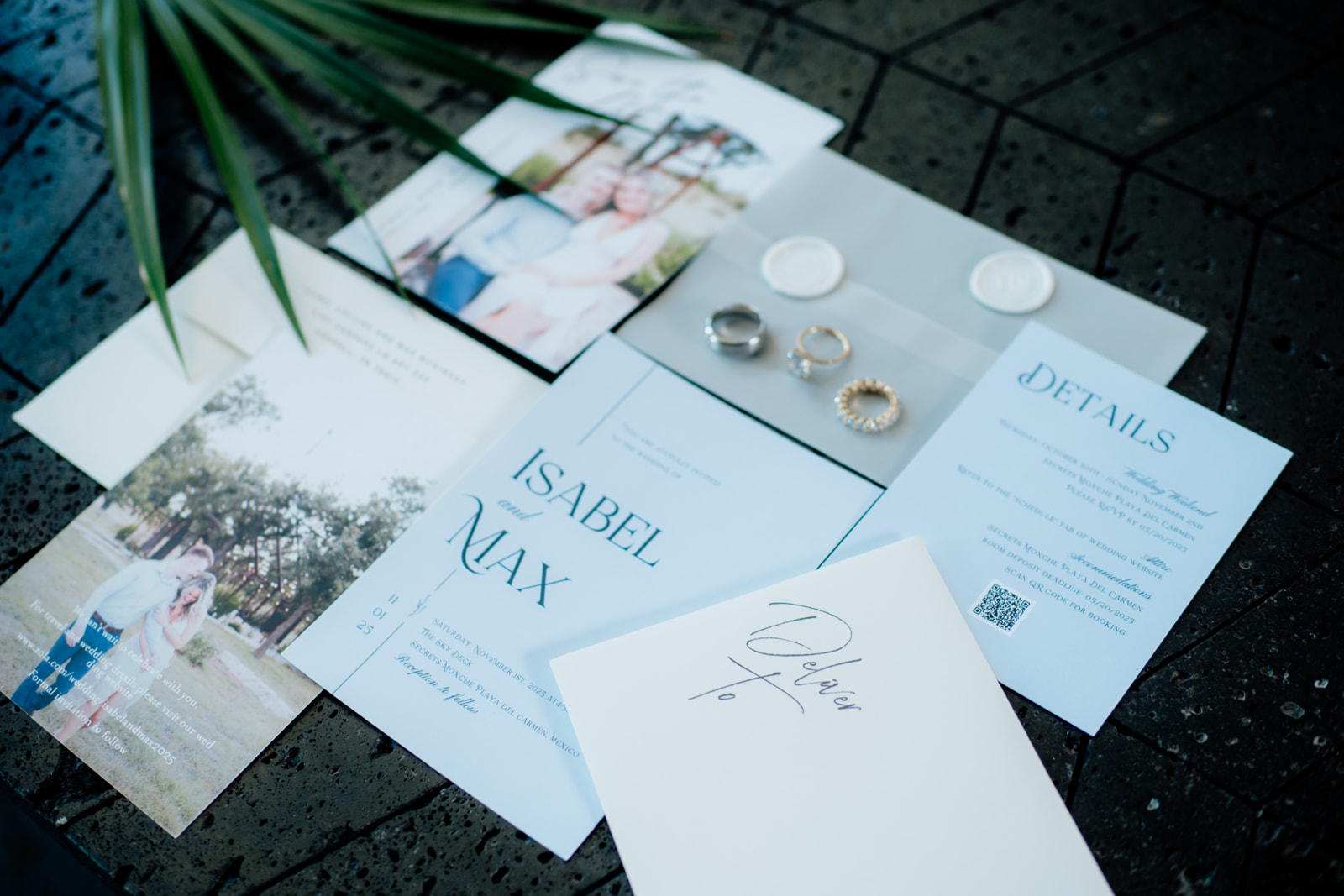 Wedding invitation suite with rings and stationery details for a destination wedding in Tulum Mexico